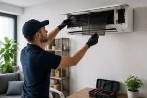 Technicien réalisant l’entretien et le nettoyage des filtres d’une climatisation