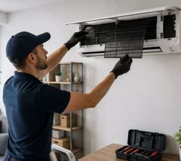 Technicien réalisant l’entretien et le nettoyage des filtres d’une climatisation