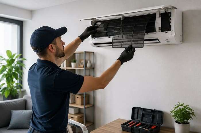 Technicien réalisant l’entretien et le nettoyage des filtres d’une climatisation